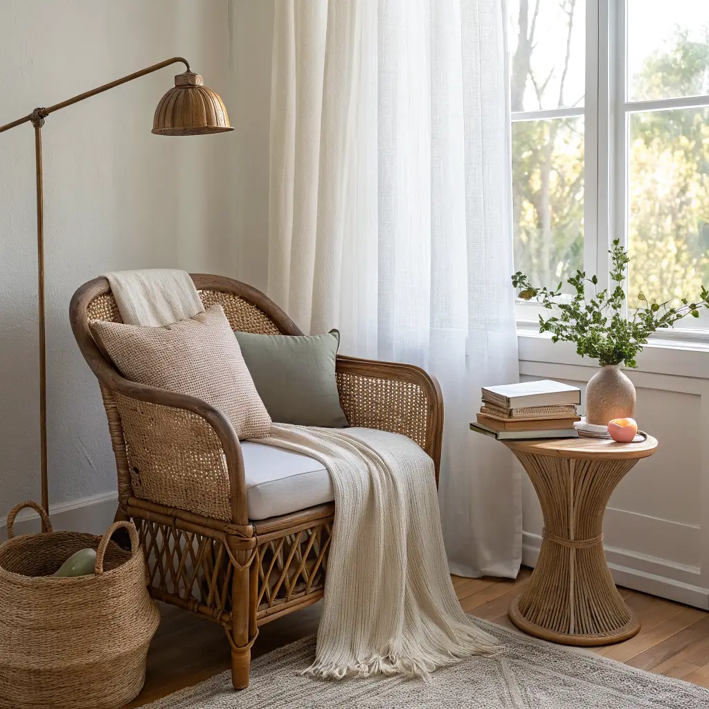 Serene reading nook with rattan armchair, cream linen cushion, blush pillow, sage throw, oak side table with warm lamp, book, and dried grass vase, jute rug, and brass arched floor lamp in soft spring light.