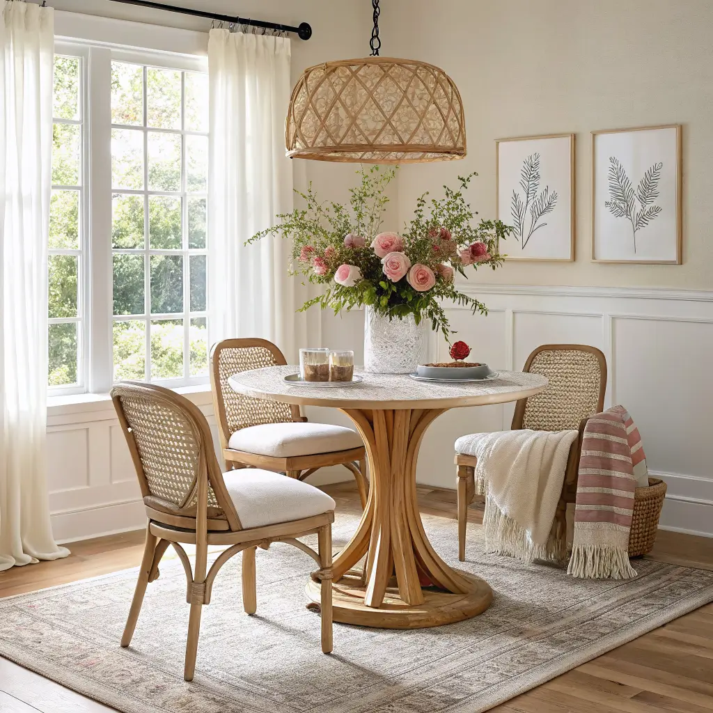 Photorealistic dining nook with round light oak pedestal table under rattan pendant, mismatched cane chairs, terracotta vase of blush ranunculus and eucalyptus, jute rug, and sheer linen curtains in soft spring daylight.