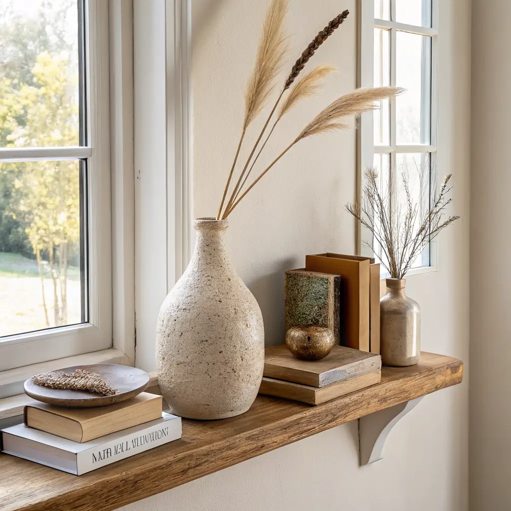 Minimal shelf vignette on a light oak floating shelf with a cream ceramic vase holding pampas grass, vintage books, a small brass object, a terracotta bud vase with dried lavender, and a tiny framed pressed botanical in soft left window light.