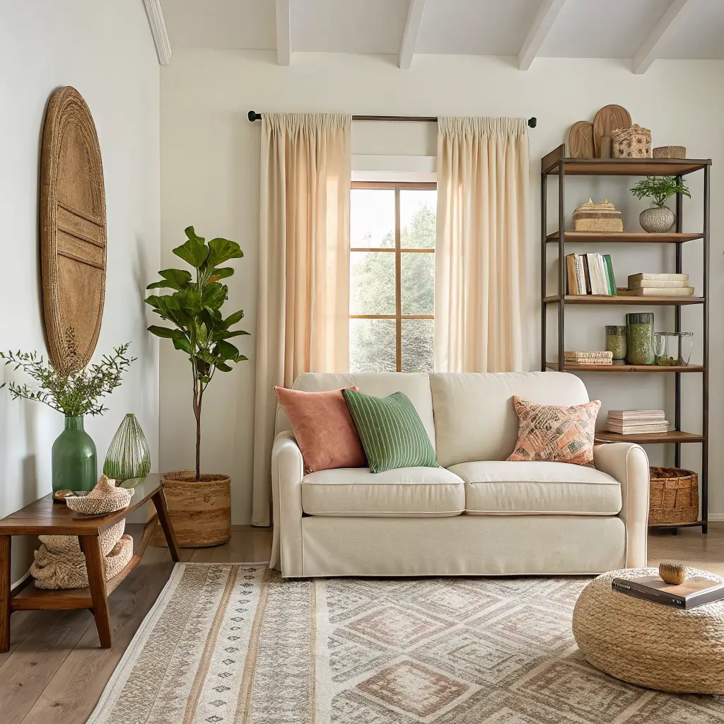 Photorealistic living room in warm white and cream with sage and terracotta accents, blush and mint details, rattan chair, olive tree, and soft spring daylight.