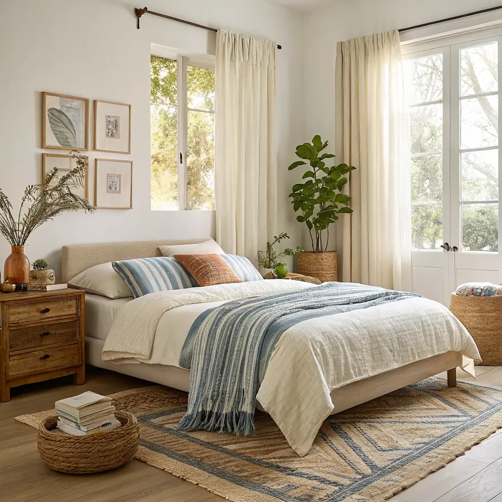 Photorealistic small bedroom with cream linen bed, sea-blue striped throw, gold and terracotta pillows, citrus branches in a speckled vase, sheer curtains, jute rug, and oak dresser in bright midday light.