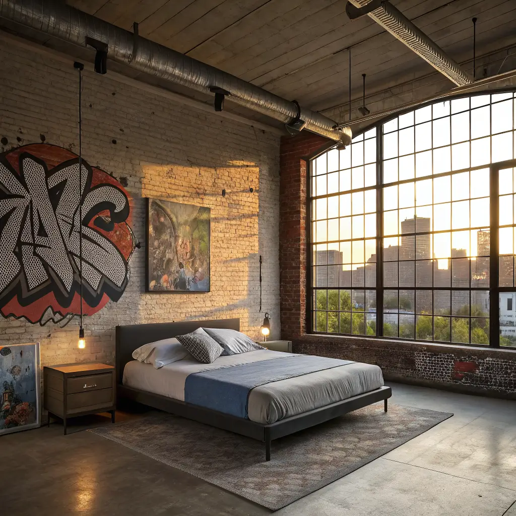 Photorealistic urban loft bedroom with charcoal brick wall, concrete floor, platform bed, graffiti mural, kilim rug, and warm golden-hour light through an industrial window.