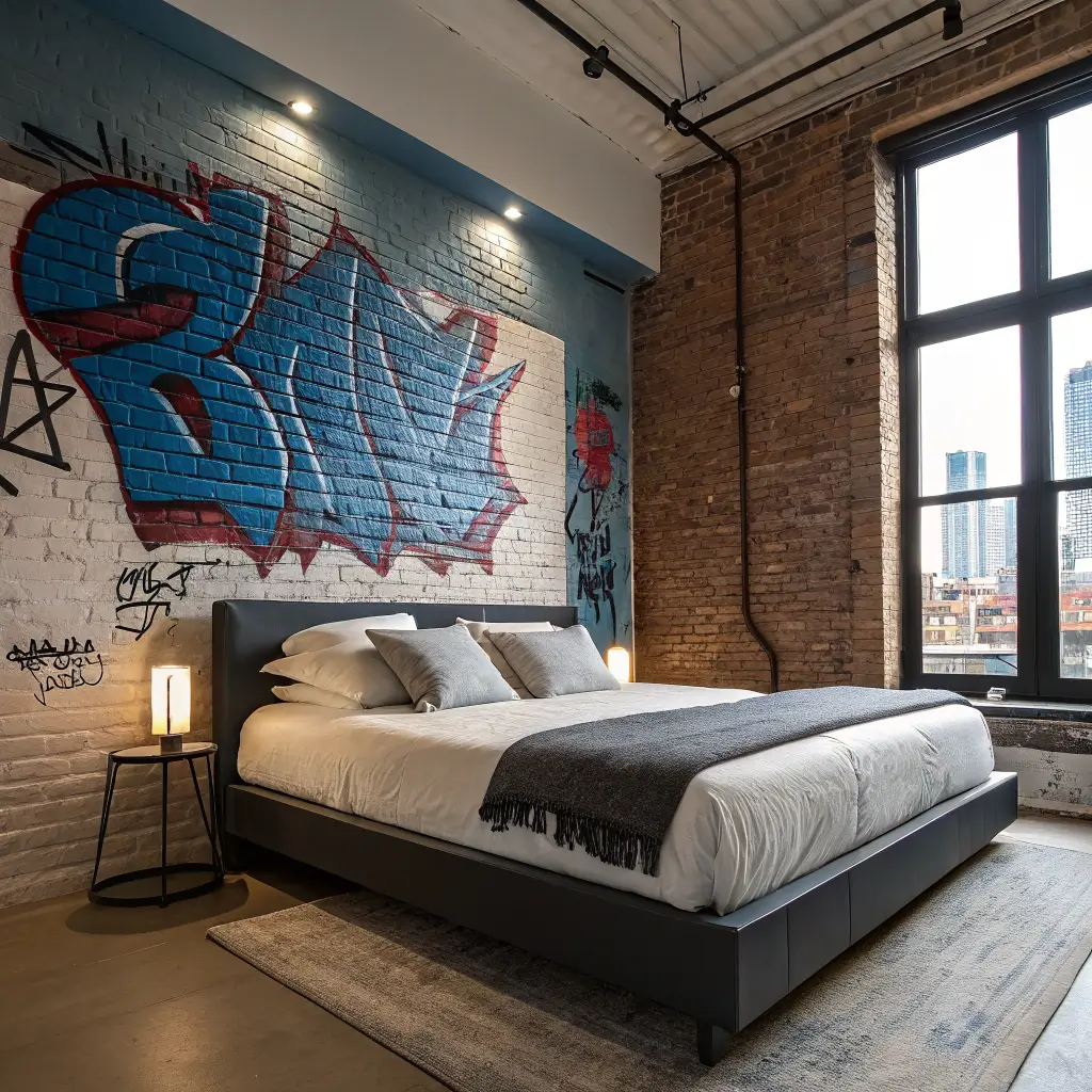 Close-up of a black brick graffiti feature wall in cobalt blue and red behind a low black metal platform bed with off-white sheets, charcoal throw, and warm LED backlighting in a moody urban bedroom.