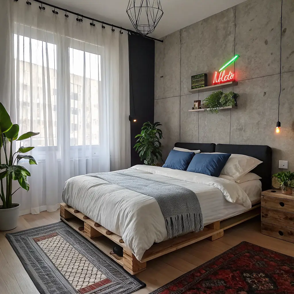 Photorealistic wide shot of a bedroom corner with a matte black and concrete-grey wall, low pallet bed with off-white bedding, blue and red pillows, neon-green lightning-bolt sign, faded red kilim rug, and snake plant by sheer curtains in cool daylight.