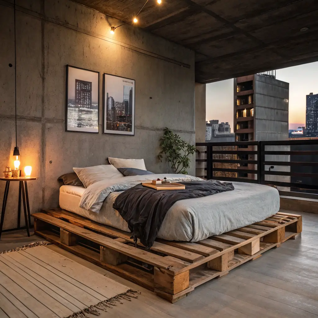 Low-angle dusk photo of a low DIY pallet bed with grey sheets and warm LED underglow in a small urban bedroom with a black textured wall and kilim rug.