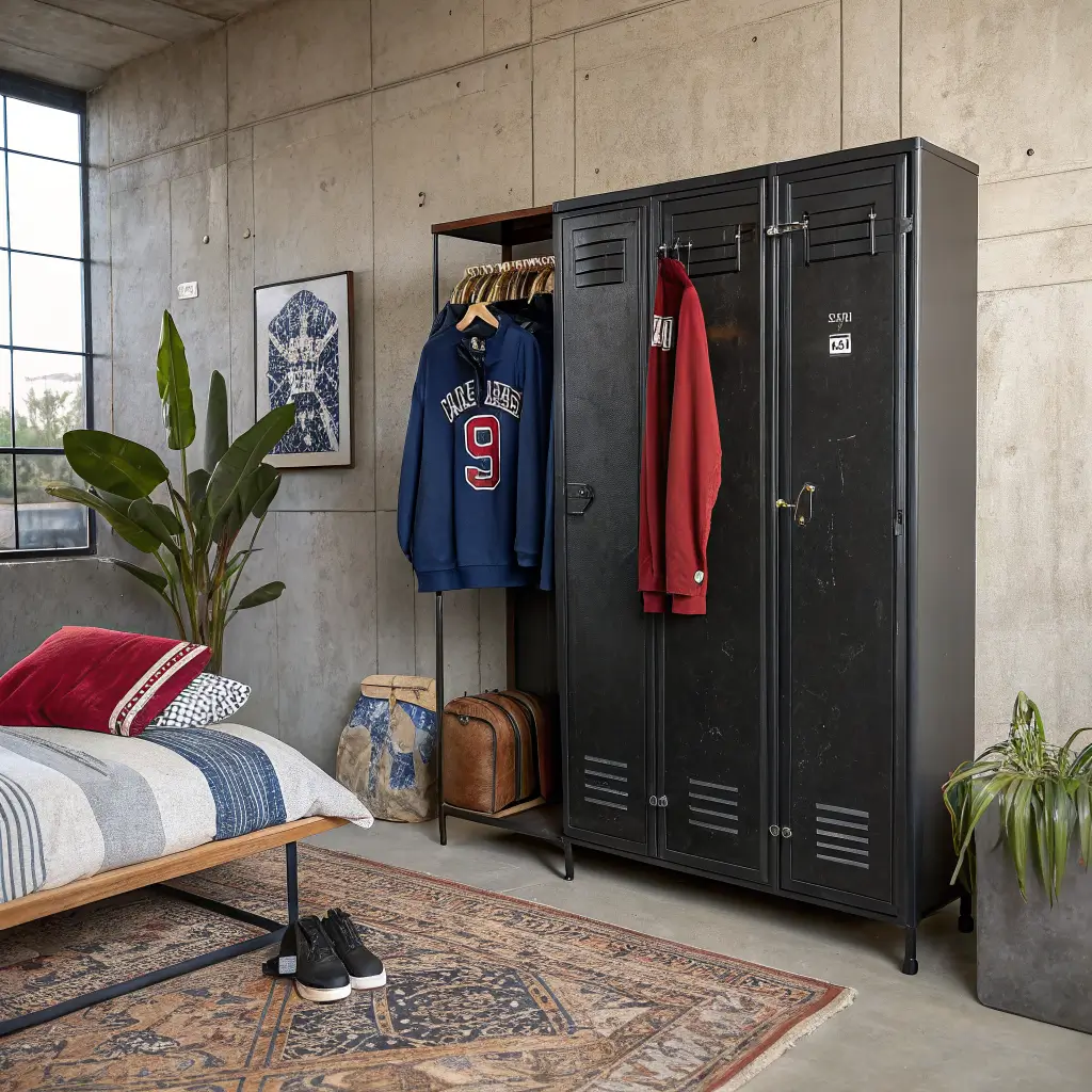 Industrial street-style bedroom wall with three black vintage lockers beside a black pipe clothing rail holding curated streetwear, lit by cool midday daylight.