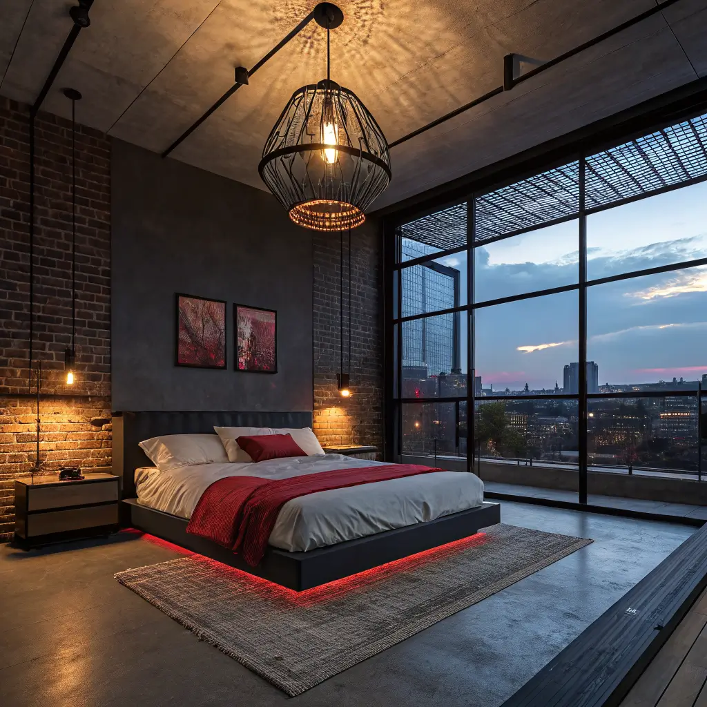 Photorealistic blue-hour street-style bedroom with layered lighting: warm caged ceiling lamp, amber LED behind black headboard, red neon lightning bolt on matte black wall, low bed with off-white bedding and cobalt throw, concrete floor with faded red kilim rug, twilight window.