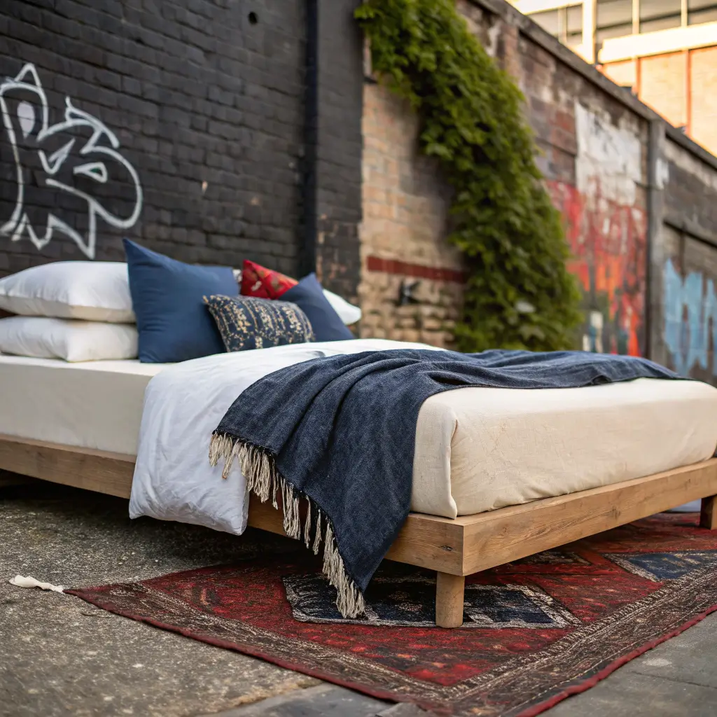 Close-up of a street-style bedroom with a low bed in off-white sheets, charcoal sherpa throw, denim/blue/red pillows, kilim rug, and matte black brick wall with subtle graffiti and warm LED backlight.