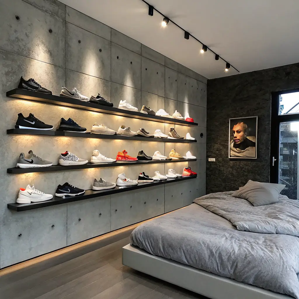 Symmetrical photo of a minimalist bedroom sneaker grail wall with six black floating shelves and LED-lit white and black sneakers above a low bed.