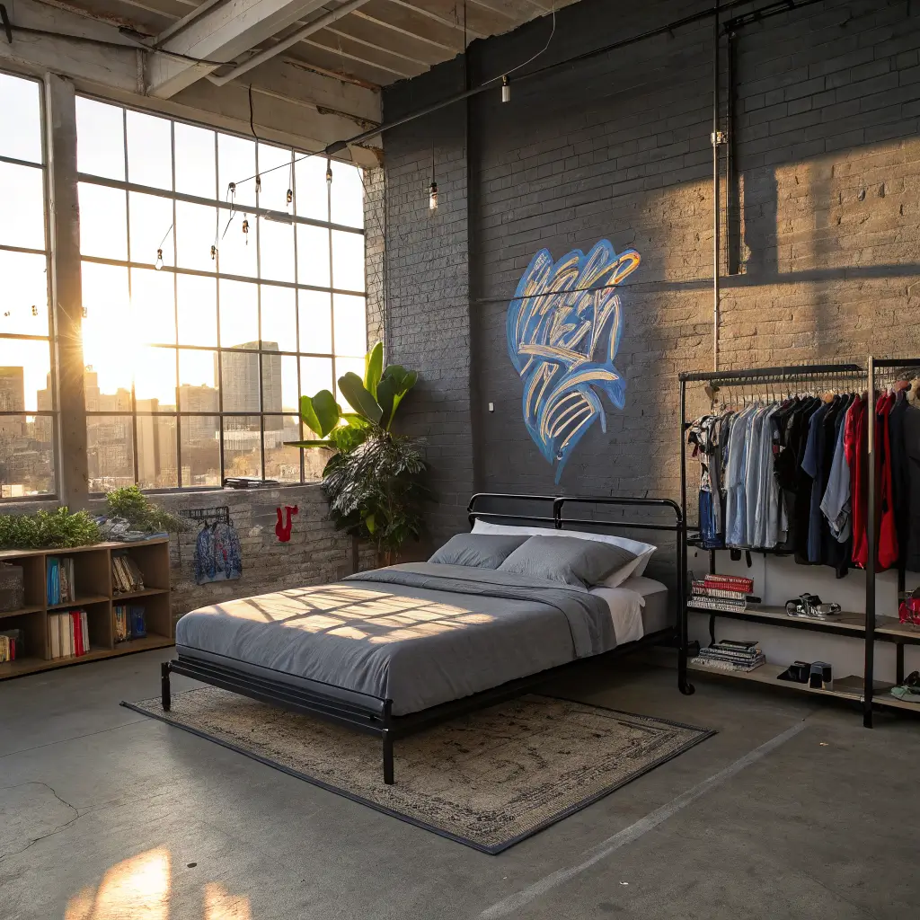 Overhead-adjacent wide shot of a street-style bedroom with a black platform bed, grey bedding, graffiti mural feature wall, wire shelves with folded tees and a snake plant, grid of framed skate magazine pages, red kilim rug on concrete floor, lit by warm morning sunlight through an industrial window.
