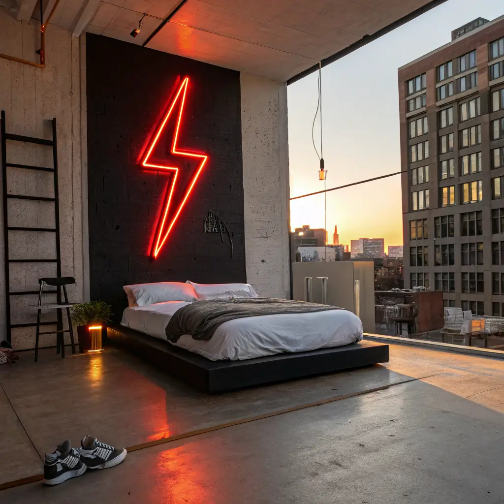 Photorealistic minimalist bedroom at golden hour with a red neon lightning bolt on a black wall above a low black platform bed, concrete floor with kilim runner, and a snake plant in a concrete planter.