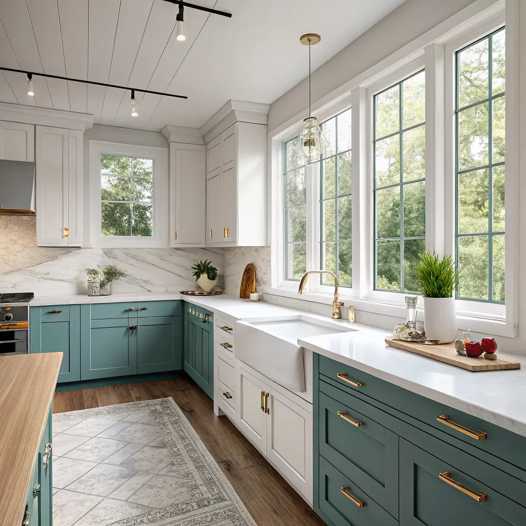 Photorealistic family kitchen with Aegean teal lower cabinets, off-white uppers, Calacatta marble counters, white zellige backsplash, and morning sunlight through a mullioned window.