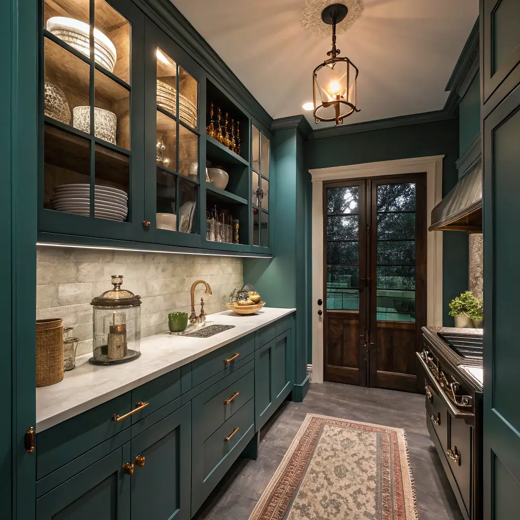 Photorealistic dusk-lit butler’s pantry with deep teal floor-to-ceiling cabinetry, brass hardware, charcoal soapstone counters, open shelves with cream ironstone and teal Dutch oven, and herringbone white oak floor.