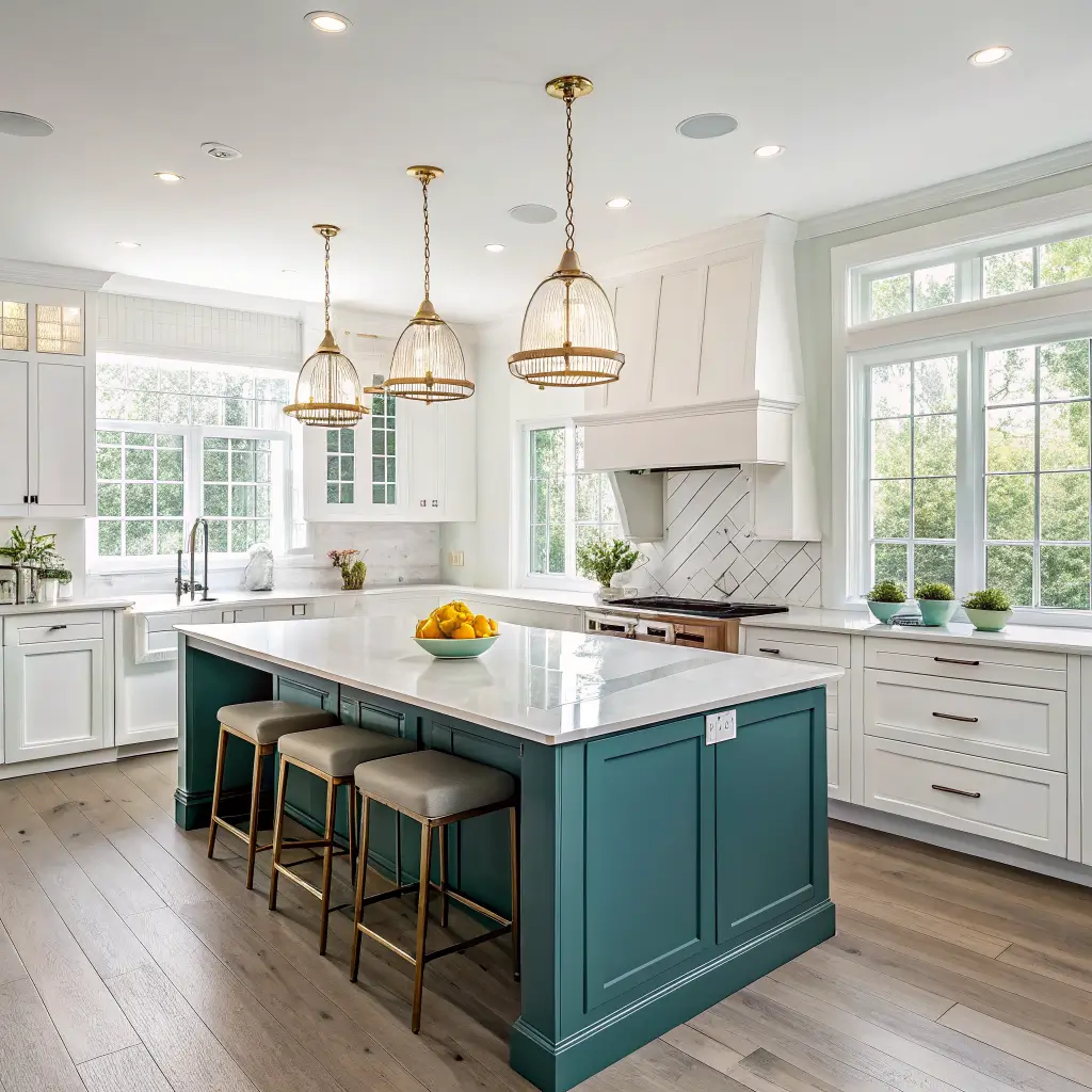 Photorealistic airy family kitchen with vintage teal island, Calacatta marble waterfall counters, white shaker cabinets, brass pendants and stools, and sunlight from three windows.