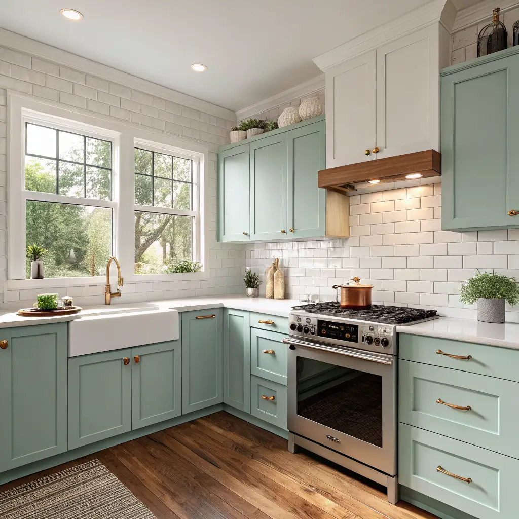Photorealistic compact galley kitchen with teal lower cabinets, off-white uppers, white subway tile backsplash, brass hardware, quartz counters, and warm afternoon window light.