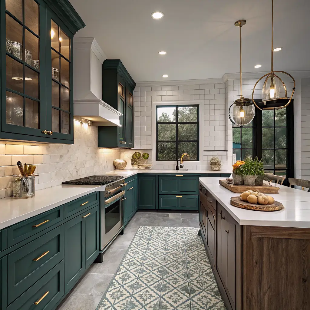 Photorealistic moody twilight kitchen with near-black teal lower cabinets, white glass-front uppers, brass hardware and sconces, quartz counters, patterned cement tile floor, and fall accents on the counter.