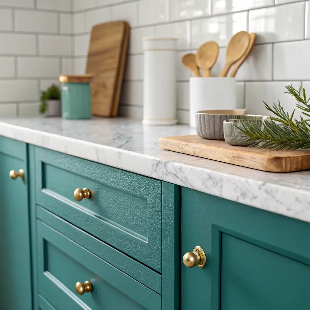 Close-up of Aegean teal shaker cabinets with unlacquered brass pulls and knobs beside a Calacatta marble counter, with wooden utensils and rosemary against a white zellige tile backsplash.