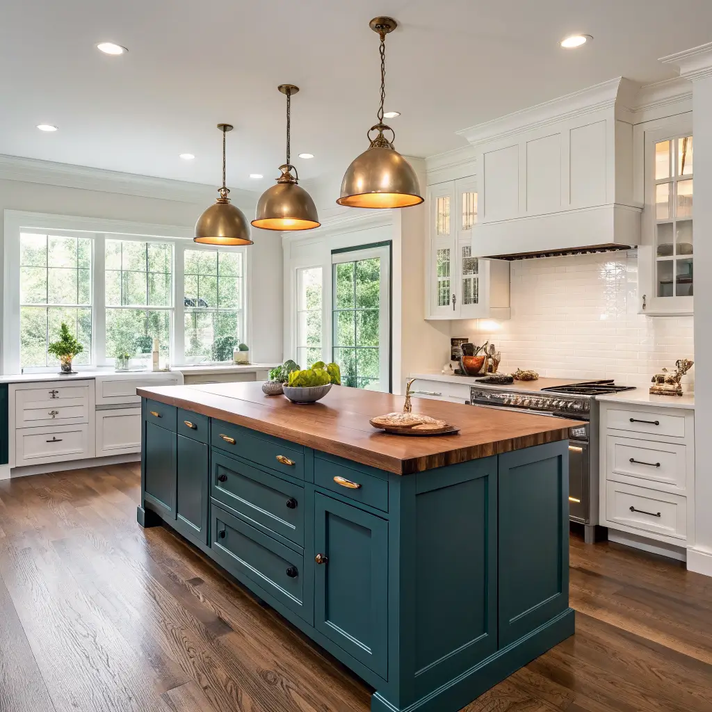 Photorealistic warm-modern farmhouse kitchen showing deep teal Cascades island with walnut butcher-block top, brass pulls, three brass dome pendants, pear bowl, and oak floors in morning light.