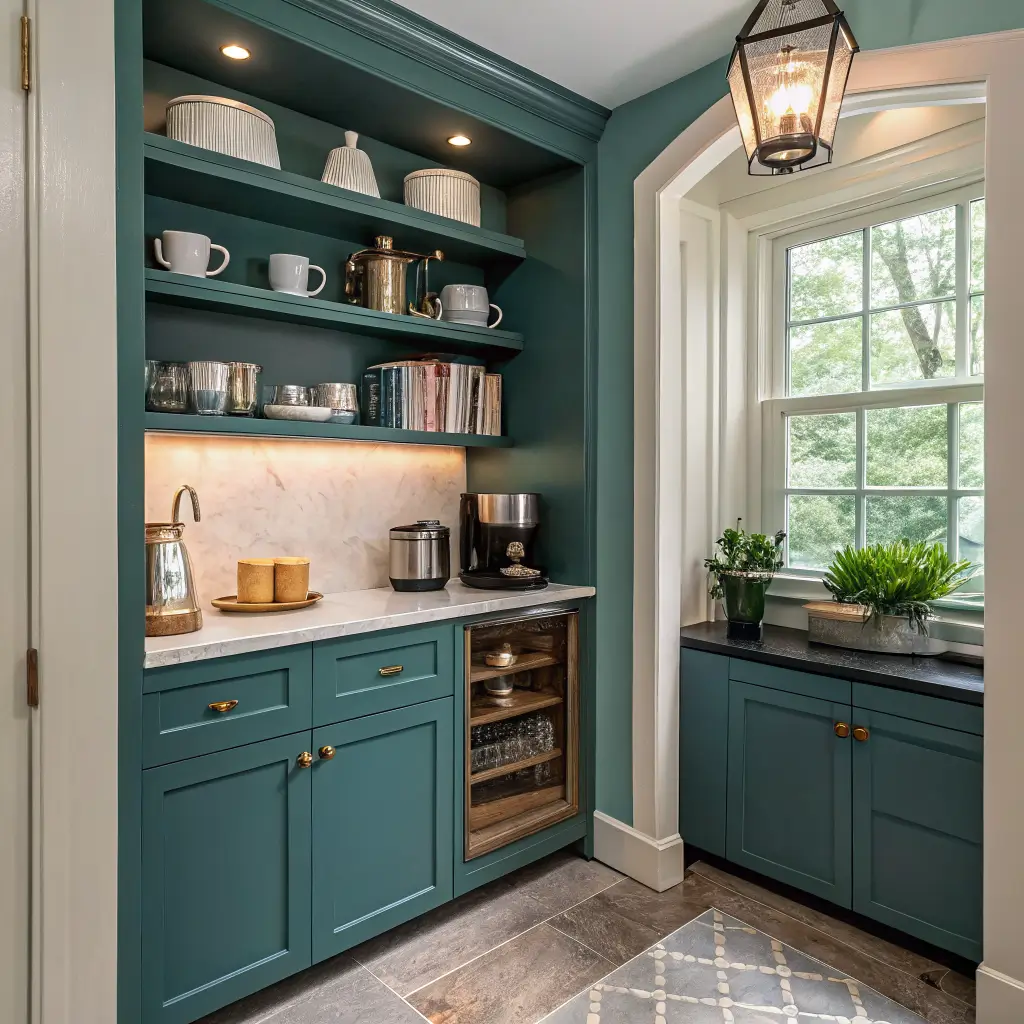 Photorealistic teal-painted kitchen coffee nook with brass shelves, cream mugs, soapstone counter, stainless espresso machine, brass sconce, and oak herringbone floor.