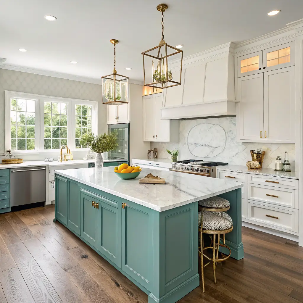 Photorealistic wide-angle kitchen with Aegean teal lower cabinets and island, off-white uppers, Calacatta marble counters, white zellige backsplash, brass hardware, oak floors, scalloped plaster hood, rattan pendants, and golden-hour sunlight.