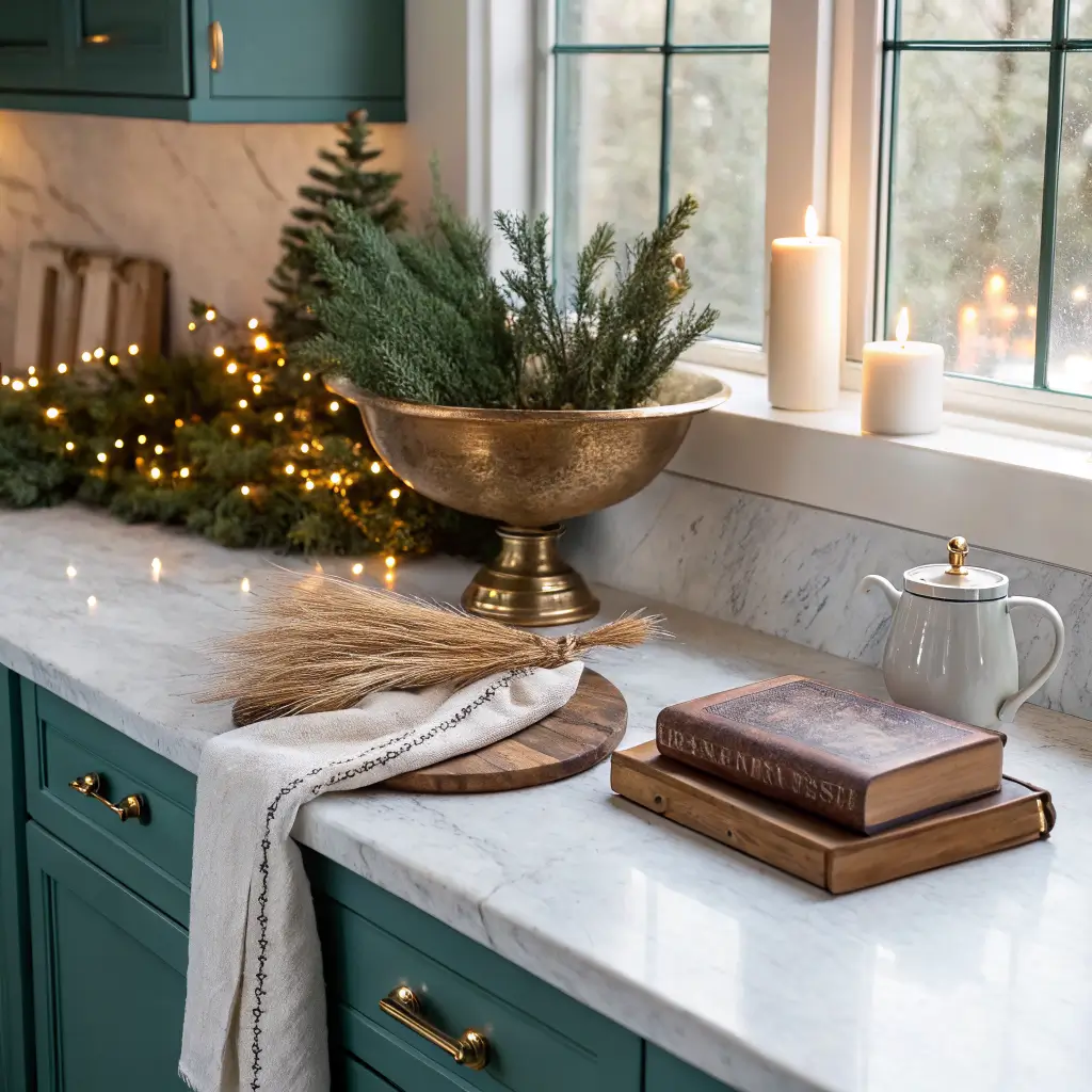 Cozy winter kitchen vignette on teal cabinets and Calacatta marble with evergreens, fairy lights, candle, dried wheat, bread board, and a leather cookbook.