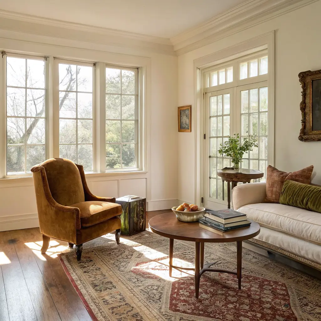 Sunlit living room with tall casement windows, aged oak floors, cream plaster walls, velvet walnut chair, teak coffee table with brass tray and books, layered jute and kilim rug, and a brass floor lamp.