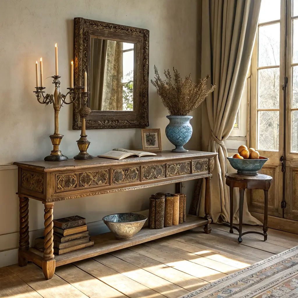 Vintage-style study at golden hour with an antique oak console, brass candlesticks, dried olive branches in a mercury-glass vase, stacked leather books, a gilt-framed mirror, and a lucite-and-brass stool on a chestnut floor with a faded rug.