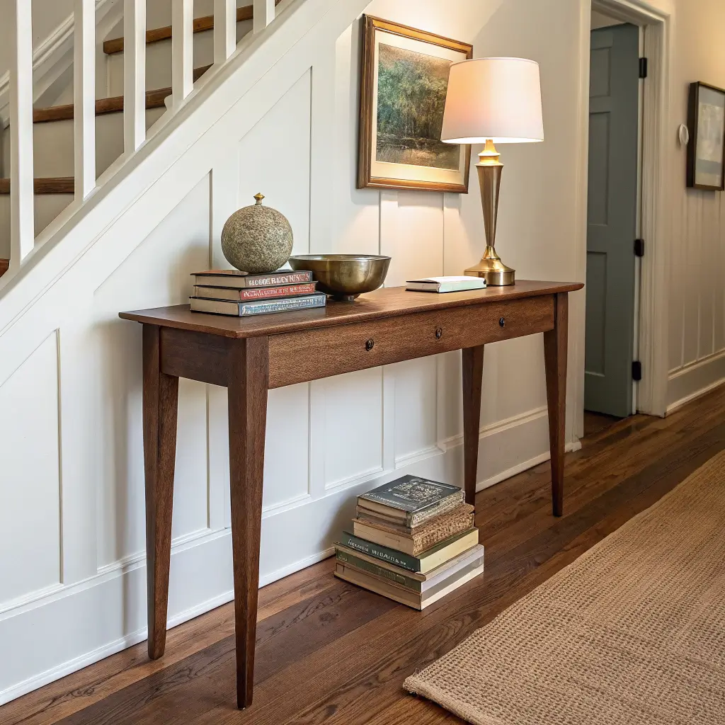 Photorealistic narrow hallway vignette with a walnut entry console holding vintage books, a brass key bowl, unlacquered brass lamp, duck-egg vase with dried grasses, and a small gilt-framed painting in warm morning light.
