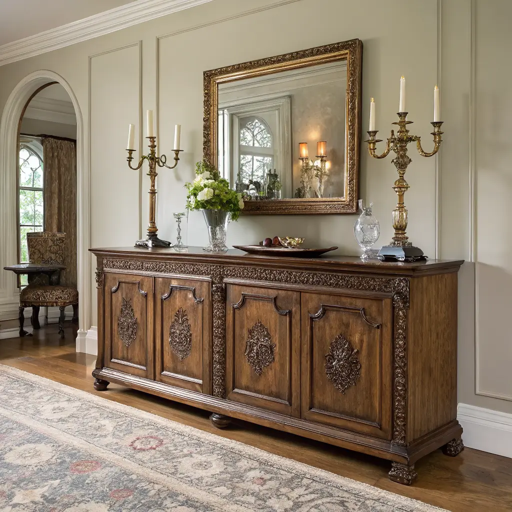 Photorealistic dining room with an aged chestnut carved oak sideboard styled with coupes, crystal decanter, brass candlesticks, and an antique silver tray beneath a foxed gilt mirror, plus a sage velvet armchair, brass floor lamp, and faded Persian rug over walnut floors.