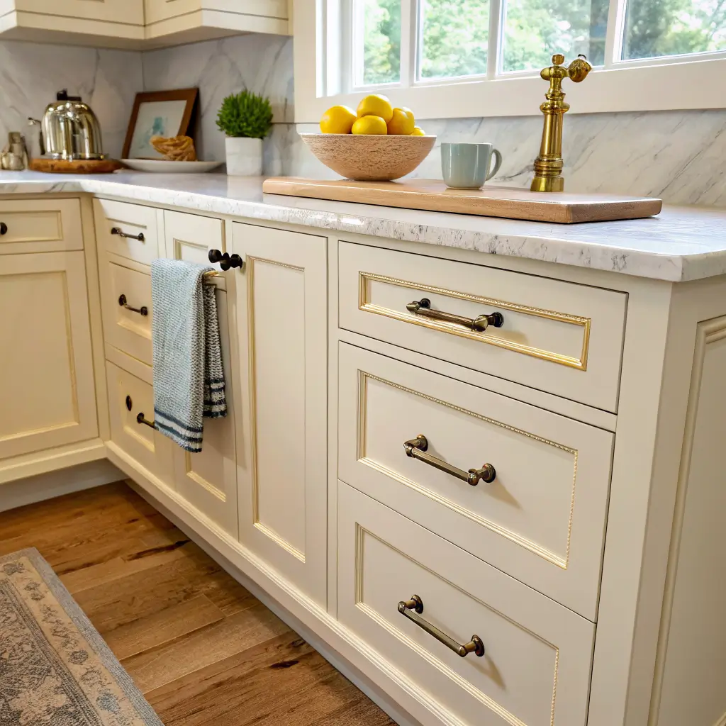 Late-morning kitchen corner with off-white shaker cabinets and patinated brass pulls, warm marble counter, oak floor, and lemons in a blue bowl.