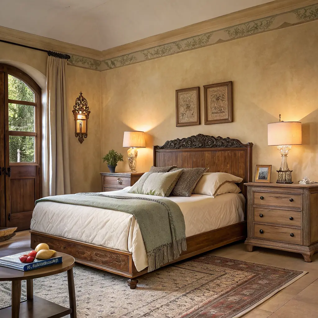 Photorealistic 13x15 vintage bedroom at dusk with cream plaster walls, walnut bed, ecru bedding with sage throw and slate cushion, brass lamp on chestnut nightstand, oak floor with faded blue rug, and gilt mirror reflecting warm lamplight.