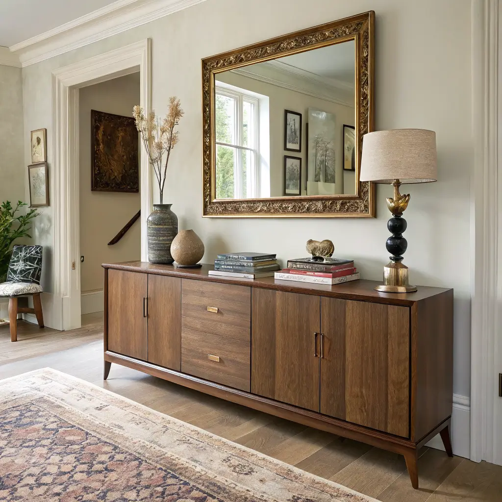 Straight-on view of a 14x16 living room with a walnut sideboard, gilt foxed mirror above, and a three-item vignette of stacked olive and ochre books, a duck-egg ceramic vase, and an unlacquered brass candlestick in warm late-morning light.