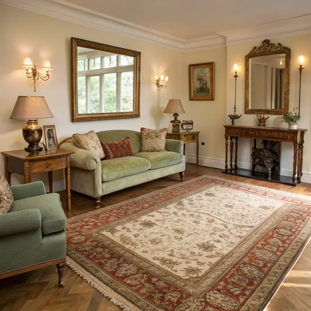 Photorealistic 15x17 living room with faded Persian rug under sofa and armchair, carved oak console with gilt mirror, mismatched lamps, patina brass candlesticks, cream plaster walls, chestnut floors, warm cinematic light.