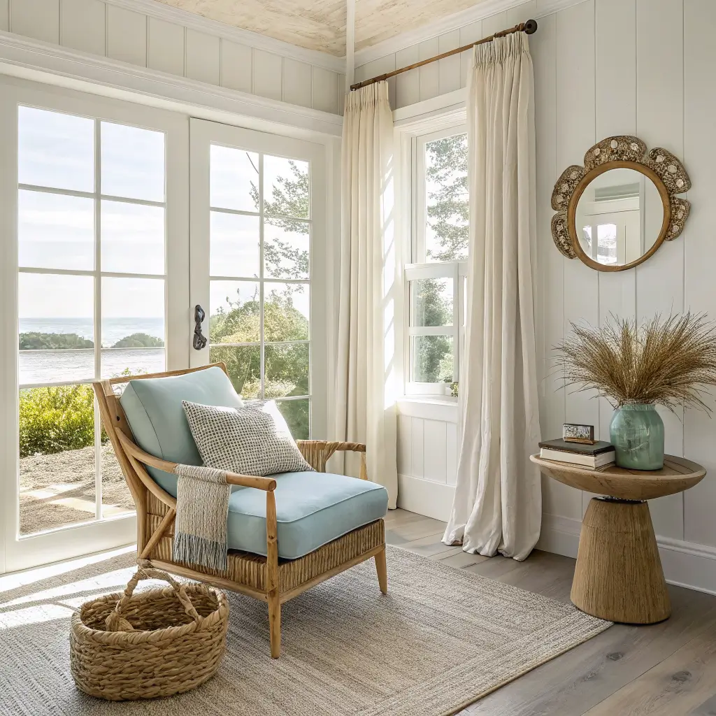 Photorealistic vintage-coastal sunroom with whitewashed oak floors, cream plaster walls, teal lounge chair, brass side table with ceramic vase and dried grasses, foxed gilt mirror, woven basket, faded kilim, and sheer curtains in bright midday light.