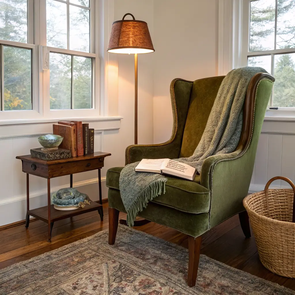 Moody early-evening reading nook with olive velvet wingback chair, sage throw, brass lamp on chestnut side table with books and blue ceramic bowl, Persian rug, and basket on oak floor.