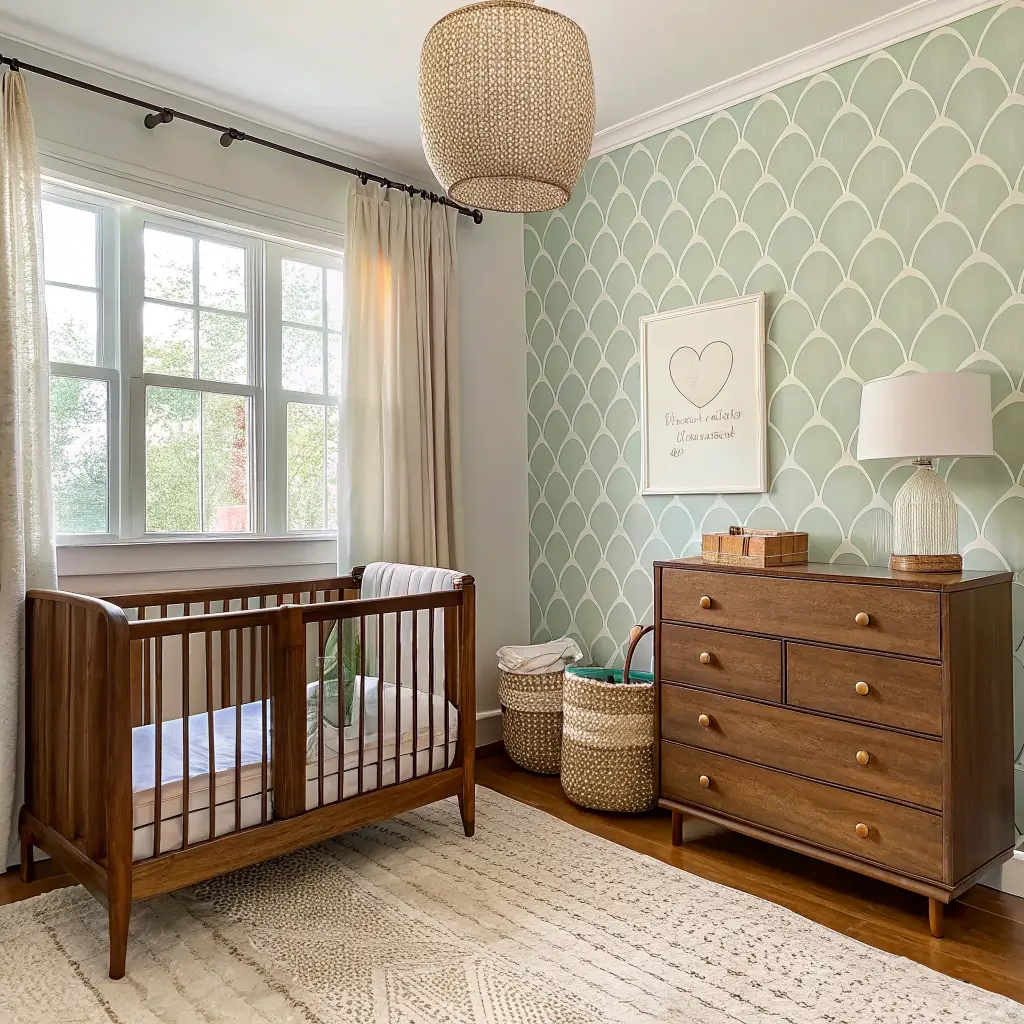 Photorealistic vintage-modern nursery with walnut spindle crib against sage scalloped wallpaper, walnut dresser with milk glass lamp, Turkish rug, linen glider, and soft morning light through sheer curtains.