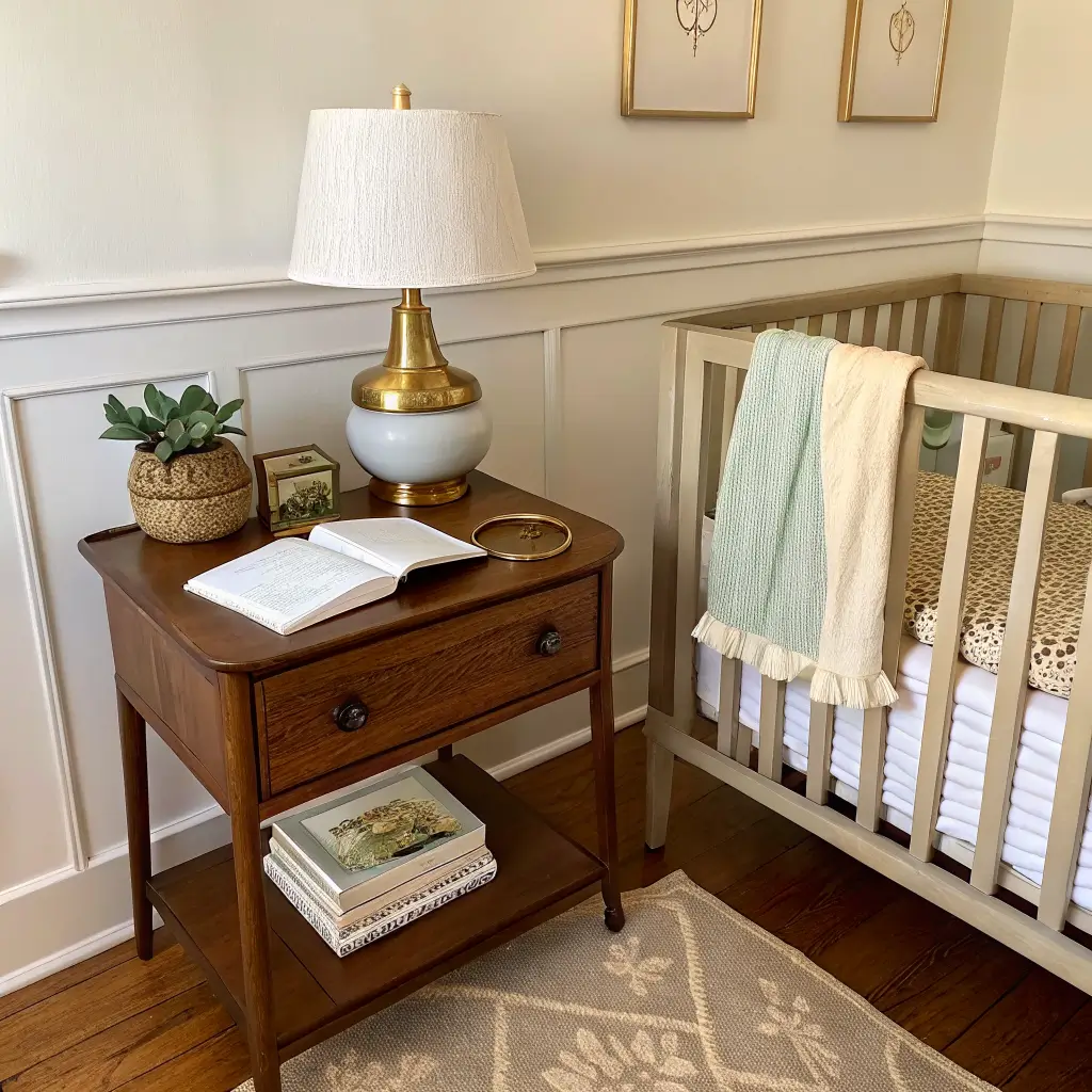 Vintage-modern nursery corner at golden hour with walnut side table holding a brass lamp, leather notebook, sage and cream fabric swatches, and ceramic dish of brass pulls, with crib and linen pendant softly blurred behind.