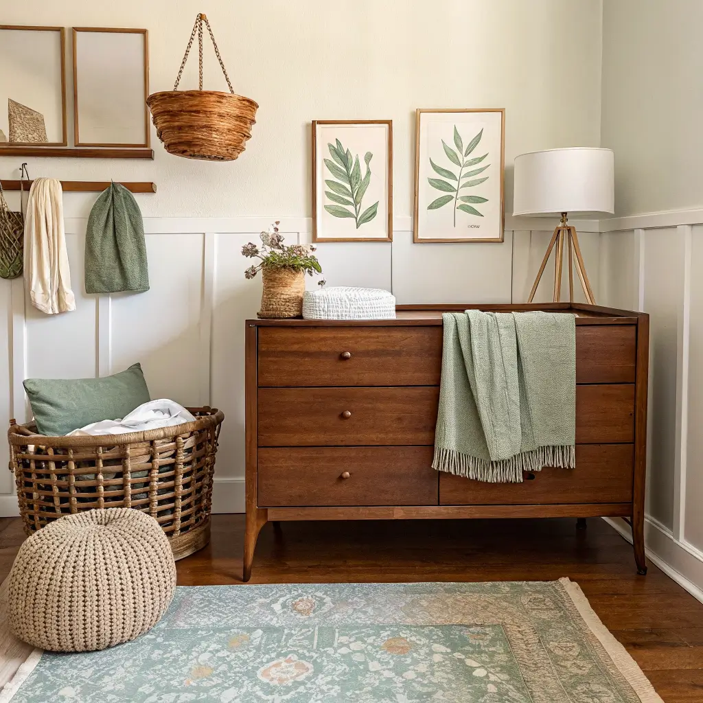 Mid-century walnut dresser in a cream-walled nursery, styled with sage swaddle, rust linen throw, rattan basket, brass lamp, and botanical print on oak floor with faded Turkish rug.