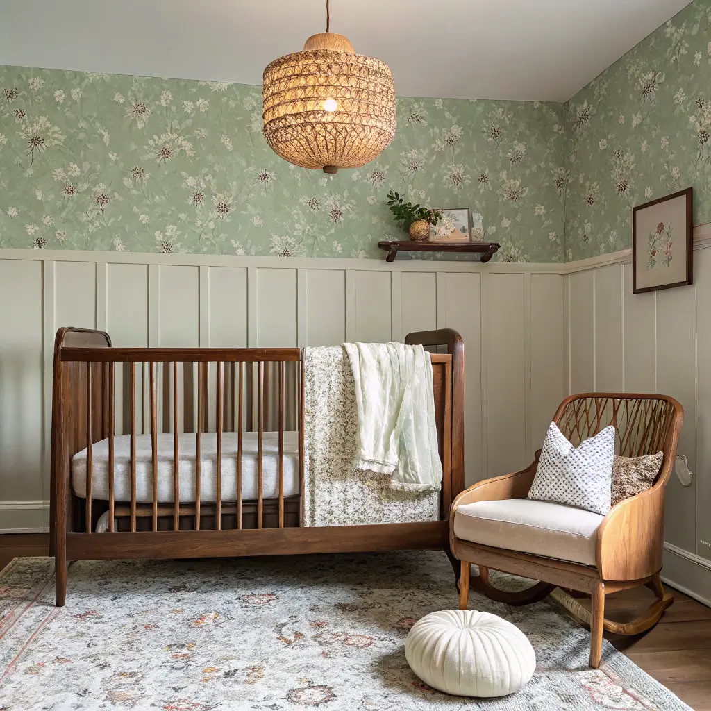 Low-angle photo of a walnut spindle crib against sage-and-cream floral wallpaper, lit by a scalloped linen pendant, with cream bedding, a sage muslin blanket, a faded Turkish rug, and a caned chair holding a book.