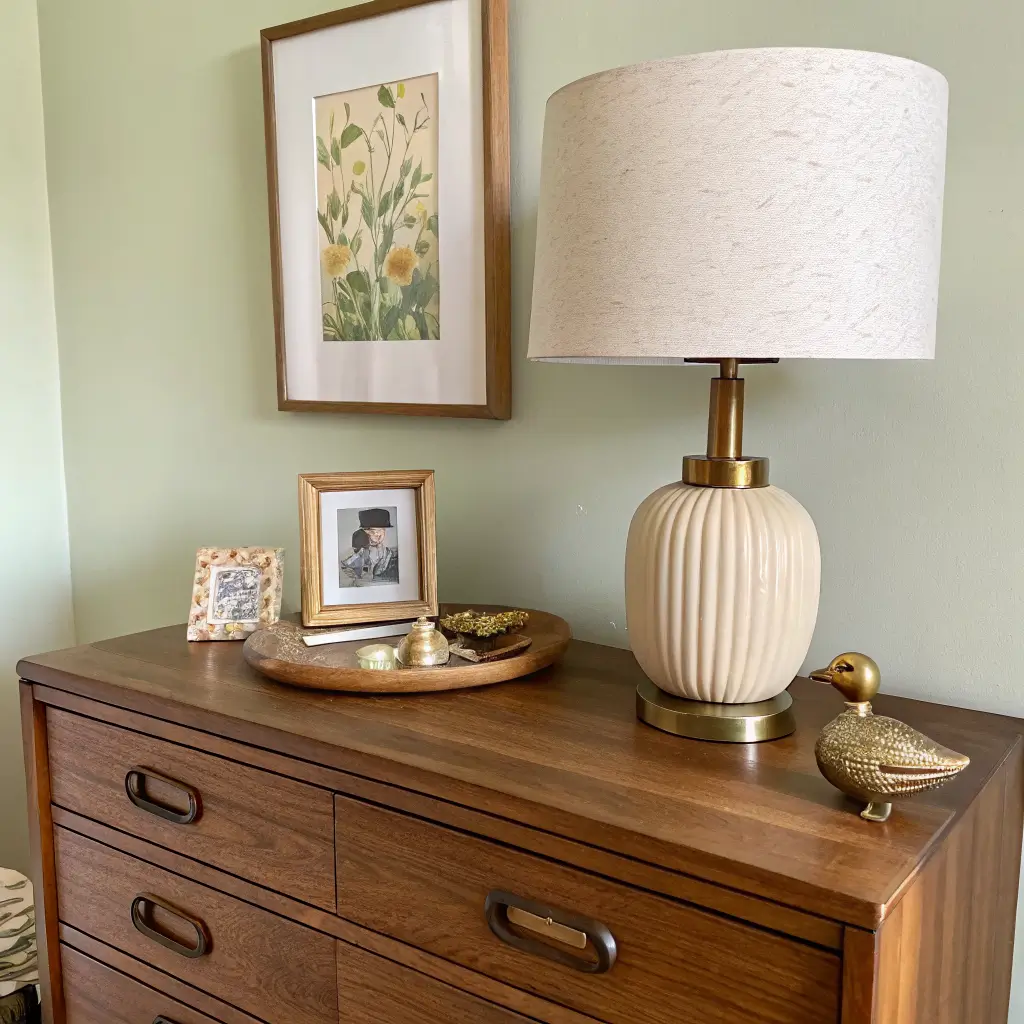Styled nursery dresser vignette with brass lamp, framed vintage photo, ceramic dish holding a brass pacifier clip, and carved wooden duck in soft morning light.