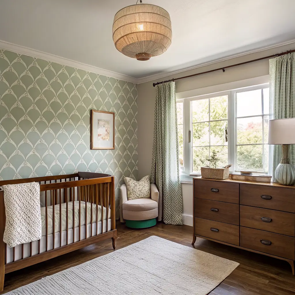 Vintage modern nursery view from doorway with walnut spindle crib on scalloped sage wall, mid-century dresser with brass lamp, linen glider by window, and faded Turkish rug on warm oak floors.