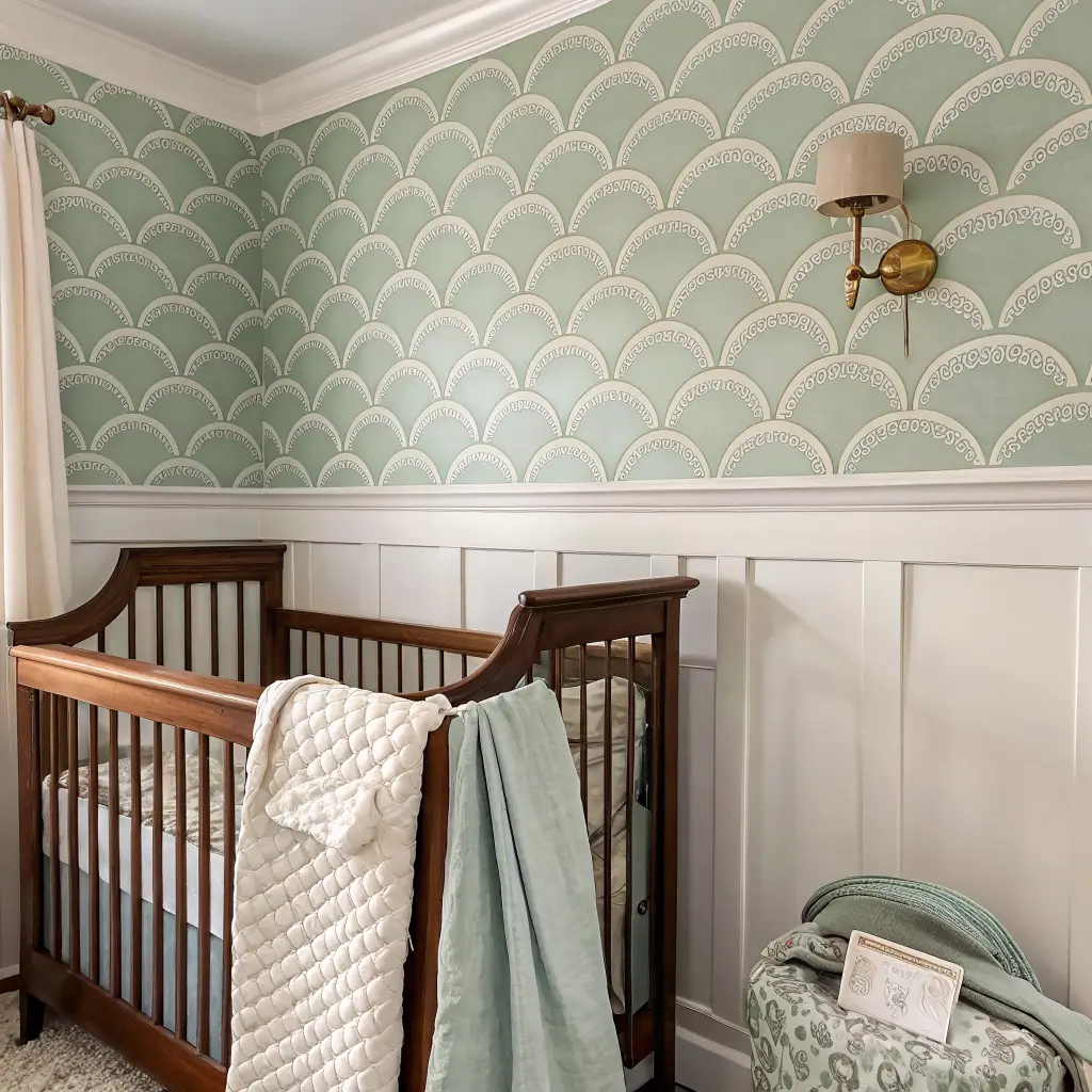 Nursery accent wall with sage and cream scalloped peel-and-stick wallpaper above limewashed plaster and cream picture rail molding, walnut spindle crib with muslin blanket, and a small brass sconce in soft window light.