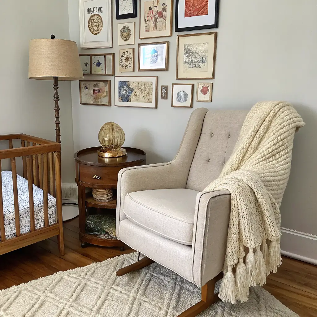 Vintage-modern nursery corner with oatmeal linen glider, chunky knit throw, caned side table with brass lamp and children’s book, cream-and-rust Turkish rug, and a small framed gallery wall in warm afternoon light.