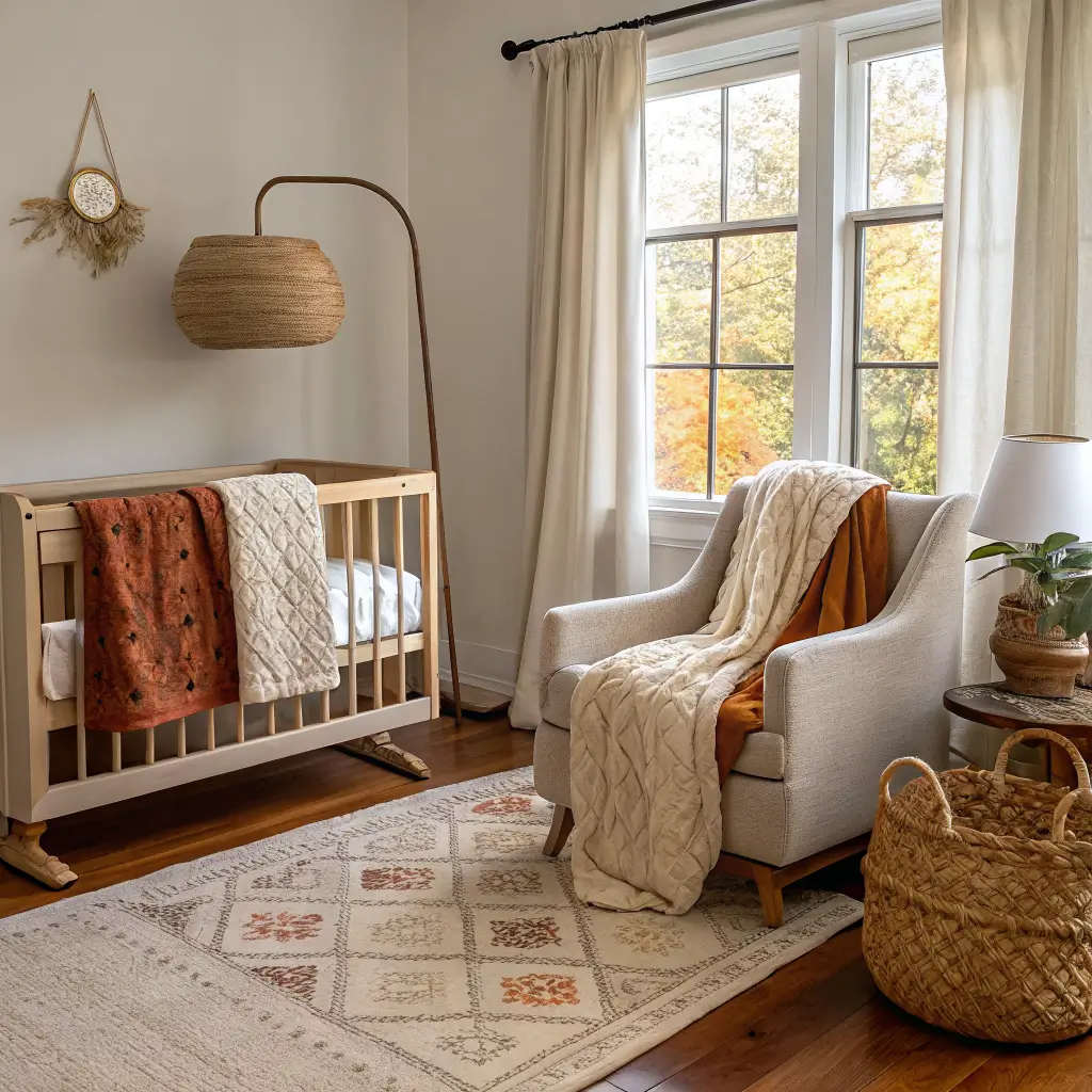Vintage modern nursery corner with oatmeal linen glider, sage wool throw, rust-and-cream quilt, ivory linen curtains, rattan basket of muslin swaddles, oak floor and faded Turkish rug, lit by warm afternoon sun and a brass arc lamp.