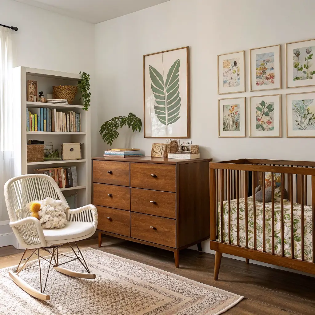 Photorealistic gender-neutral nursery with walnut mid-century dresser, low bookshelf, caned chair under brass sconce, botanical gallery wall, and cream-and-rust faded rug in soft daylight.