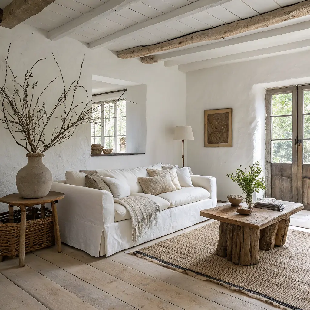 Photorealistic wabi-sabi living room with slipper-satin plaster walls, white oak floors, linen sofa with charcoal throw, live-edge walnut coffee table with clay vase and dried magnolia, travertine side table, and soft daylight through flax curtains.