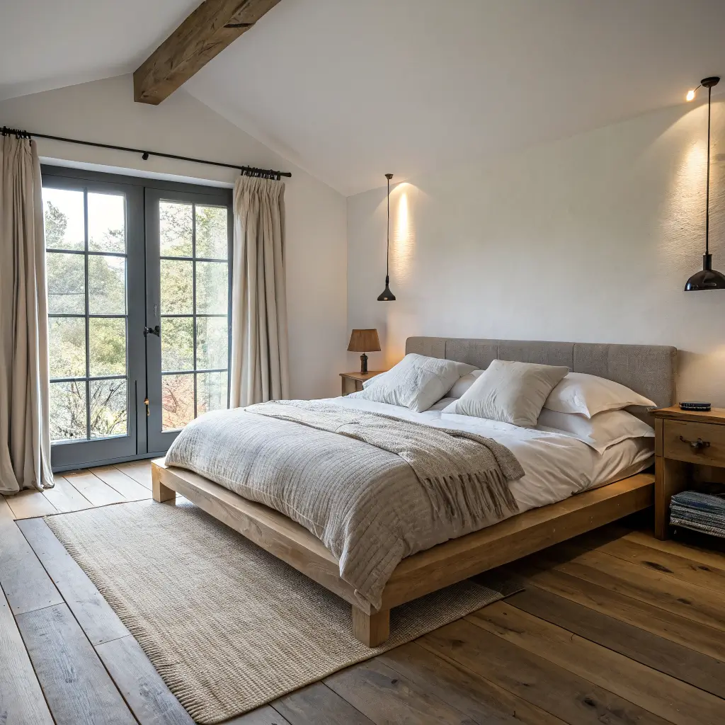 Wabi-sabi bedroom at dawn with low ash platform bed in rumpled flax linen, reclaimed wood nightstand with bronze lamp, walnut bench with charcoal blanket, and soft blue-gold light through linen curtains.