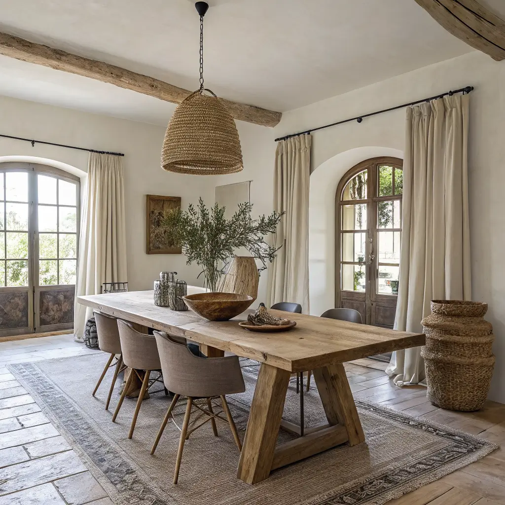 Photorealistic wabi-sabi dining room with oak table, mismatched wooden stools, clay vessels on linen runner, brass pendant, and warm late-afternoon sunlight on limewashed walls and wide-plank floor