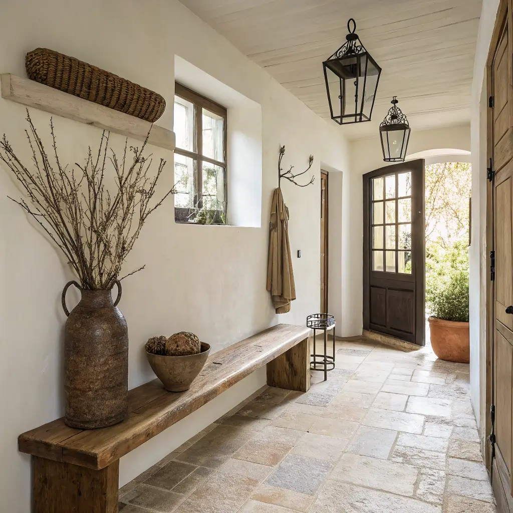 Wabi-sabi entryway with warm plaster walls, limestone floor, teak bench with linen throw, iron hook rail with wool coat, clay vase with dried branches, and morning light.