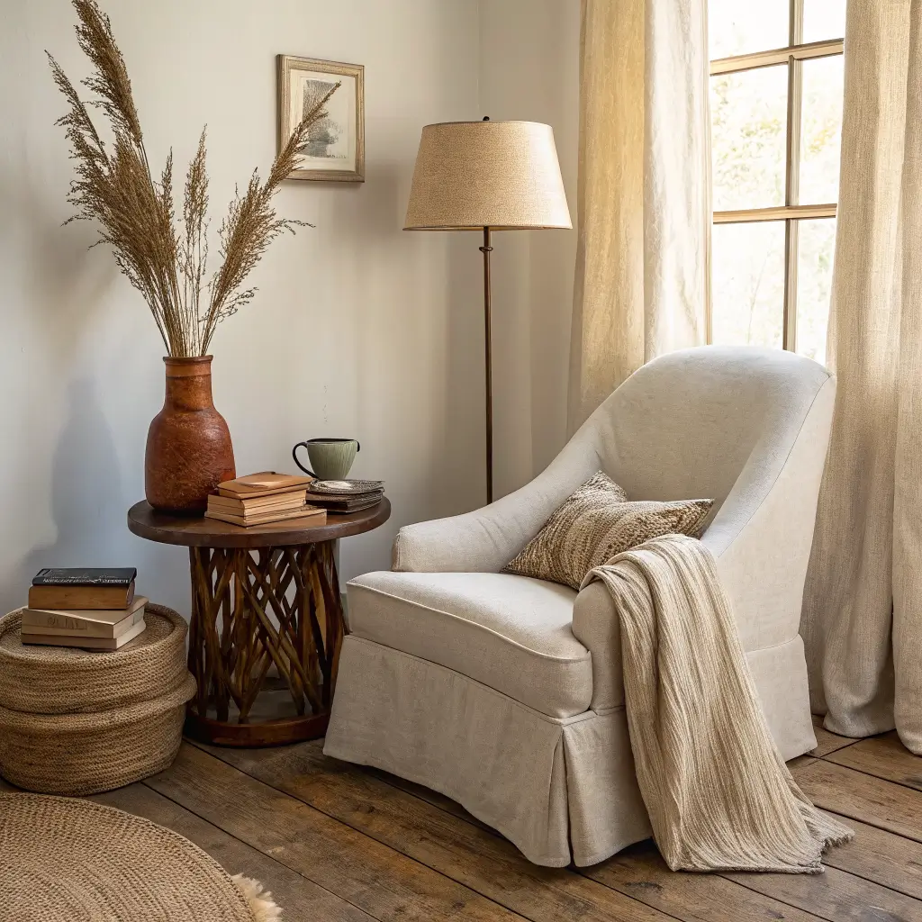 Photorealistic golden-hour reading corner with oatmeal linen armchair, walnut side table with clay lamp and books, floor cushion, black floor vase with dried eucalyptus, oak floors, and small wool rug.